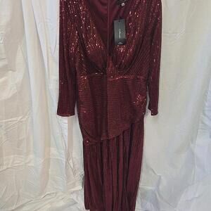 GIFFNISETI Sequins VTG Art‎ Deco Long Sleeves Formal Gown 1XL Burgundy NWT